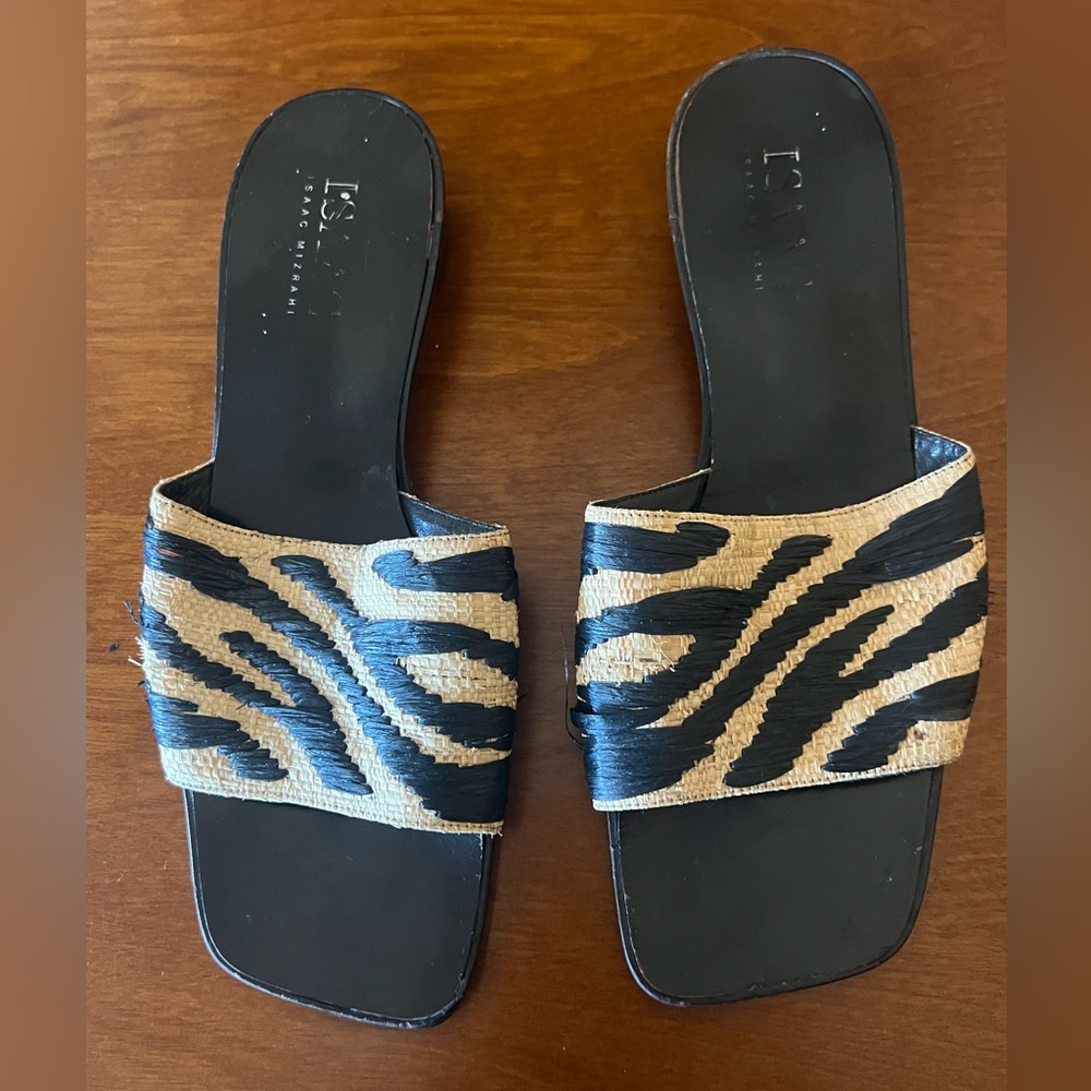 Isaac Mizrahi flat rattan zebra sandal.